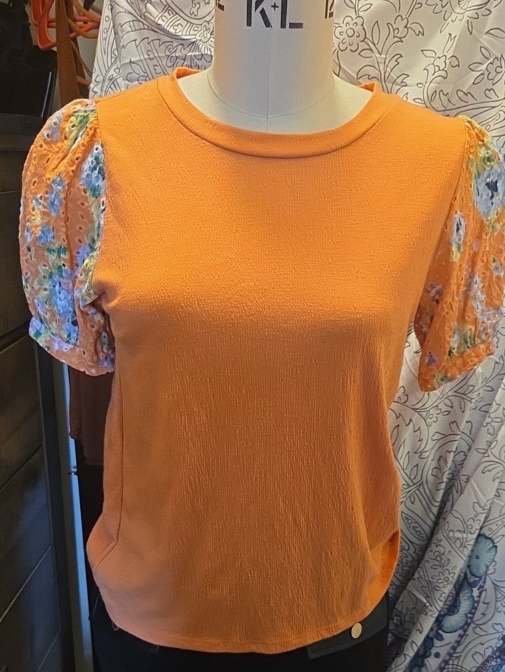 LC Lauren Conrad Orange Knit Tee with Floral Eyelet Puff Sleeves